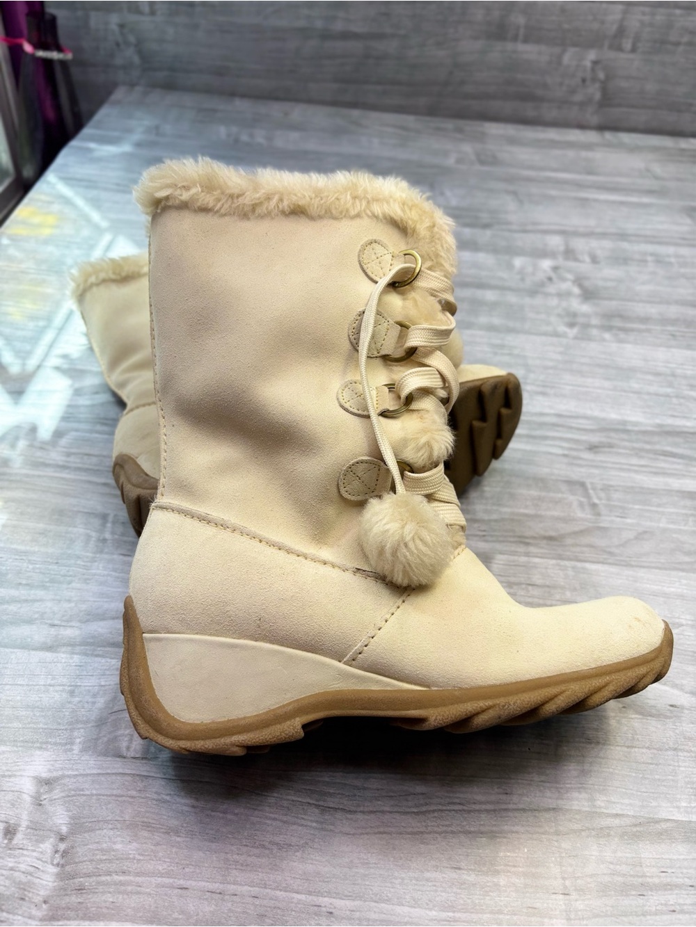 Sporto Cream Fur-Trim Lace-Up Waterproof Winter Boots size 7 Faux Fur
